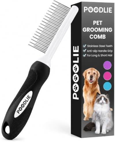 POODLIE Poodle Pet Dog Combs for Grooming Matting - Metal Comb for Dogs with Long & Short Stainless Steel Teeth - Dematting Comb for Cats to Remove Matted Hair & Knots, Black by Poodlie
