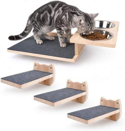 PatiencET Wall Mounted Shelves Cat Feeding Station with 3 Steps and 2 Bowls by patiencET