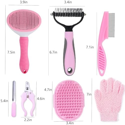 7 PCS Dog Brush Dog Grooming Kits,Dog Shedding Brush，Self-Cleaning Brush with Nail Clipper, Flea Comb and Shampoo Bath Brush - Image 2