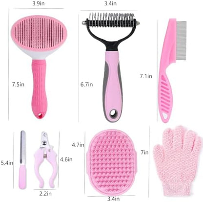 7 PCS Dog Brush Dog Grooming Kits,Dog Shedding Brush，Self-Cleaning Brush with Nail Clipper, Flea Comb and Shampoo Bath Brush - Image 2