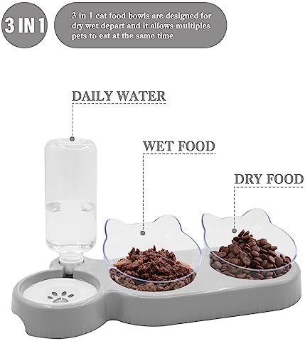 Triple Cat Bowls - 3-in-1 Water Feeder & Food Bowls with Automatic Water Bottle, Whisker Friendly, Elevated Feeding Dishes for Small Cats & Puppies (Lead White) - Image 2