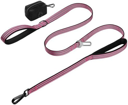 Double Handle Dog Leash with Poop Bag Holder and Car Seat Belt Buckle by WINGOIN
