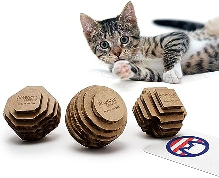 Cat Ball Toys by Americat – Made in USA – Safe Cardboard Cat Toys – for Interactive and Independent Play, Exercise & Stress Relief for All Breeds & Ages (Variety Pack of 3 Balls) by AmericatCompany