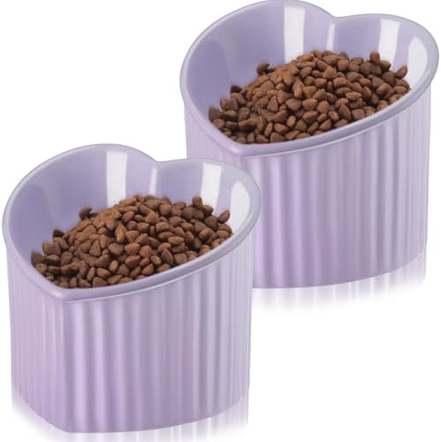 Mumufy 2 Pcs Ceramic Elevated Cat Bowls Tilted Elevated Raised Pet Bowls Anti Vomit Cat Dish for Indoor Stress Free Water Dish Feeder for Puppies, Heart Shaped (Purple) by Mumufy