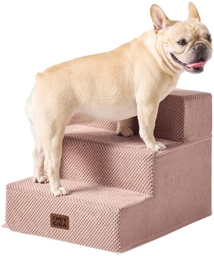 EHEYCIGA Dog Stairs for Small Dogs 13.5" H, 3-Step Dog Steps for Cats, Pink by EHEYCIGA