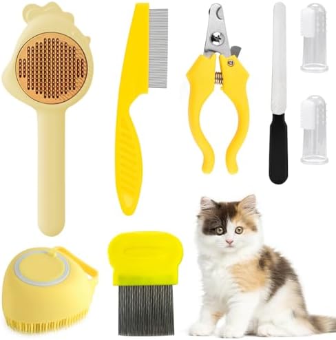 VCZONE 8 Pcs Cat Brush Grooming Kits, Pet Self Cleaning Kit with Pet Nail Clipper and File, Flea Comb, Pet Shampoo Bath Brush, Pet Shedding Brush, Silicone Toothbrush (Yellow) by VCZONE