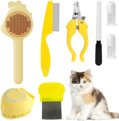 VCZONE 8 Pcs Cat Brush Grooming Kits, Pet Self Cleaning Kit with Pet Nail Clipper and File, Flea Comb, Pet Shampoo Bath Brush, Pet Shedding Brush, Silicone Toothbrush (Yellow) by VCZONE