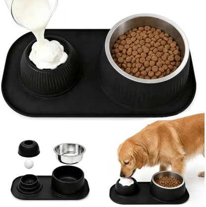 2-in-1 Dog Licking Bowl with Rolling Ball, Stainless Steel Dog Bowls & No-Spill Silicone Lick Mat for Dogs, Wet Dry Separation Dog Slow Feeder Puzzle Licking Toy for Dogs and Cats by Unknown