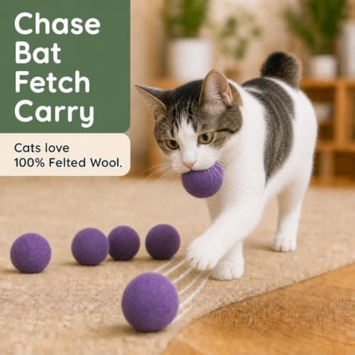 Wool Cat Toys - Felt Cat Toy Balls for Small Pet Fetch and Play - Eco Friendly Quiet Wool Ball Cat Toy for Cats and Kittens - Choose Your Colors 6PCS (Purple) - Image 3