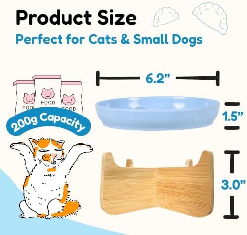 Elevated Slow Feeder Cat Bowl with Bamboo Stand, 6.3'' Ceramic Cat Food Bowl, Raised Whisker Friendly Cat Dish for Wet & Dry Food, Dishwasher Safe Anti-Slip Feeder for Cats & Small Dogs (Blue) - Image 2