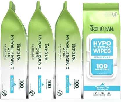 TropiClean Hypoallergenic Dog Wipes, Unscented, 100ct, 4 Pack by TropiClean