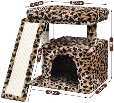 Small Leopard Print Cat Tree for Indoor Cats | Short Tower with Scratching Post, Ramp Pad, Condo with Perch Bed, Kittens Play House, Hanging Plush Ball & Cave for Resting (Leopard Print) - Image 3