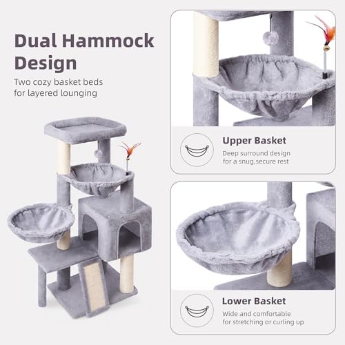 Cat Tree with Cat Condo and Two Hammocks, Cat Tree with Scratching Posts and Scratching Pads, Cat Tower for Indoor Cats, Activity Centre Climbing Tree with Playful Toy Balls, Grey - Image 4