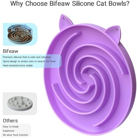 Bifeaw Slow Feeder Cat Bowl, Easy to Clean Silicone Bowl, Ideal for Dry and Wet Food (Purple and Pink) - Image 2