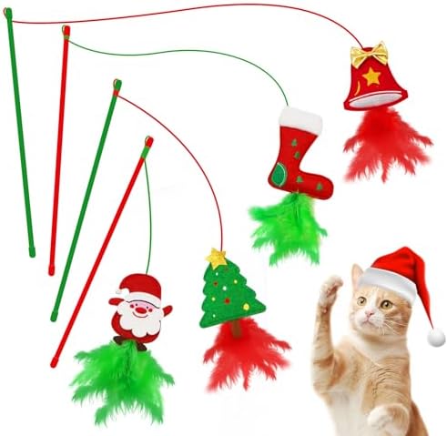 Christmas Cat Toys，4 Pack Cat Wand Toys for Indoor Cats Gifts with Catnip and Feathers, Wand for Cats and Kitten by Lepawit