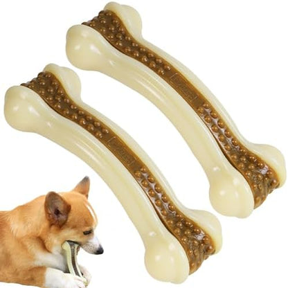 Dog Chew Toys for Aggressive Chewers, 2 Pack Beef Flavor Tough Dog Bones for Large/Medium Breed Dogs, Nylon Dog Toys for Teething and Training by Geeyteek