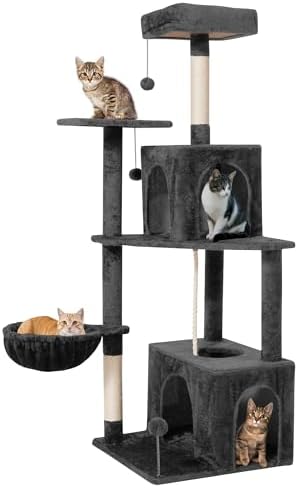 54inch Large Cat Tree Tower Condo with Hammock for Indoor Cats, Soft Plush Multi-Level Climbing Tree Cat House with Cat Cave, Scratching Post, Sisal Rope, Grey Black by TSCOMON