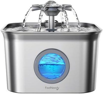 Stainless Steel Cat Water Fountain, 99oz/2.8L Auto Pet Drinking Fountain with 20dB Ultra-Quiet Pump- Ideal for Timid Pets, LED Water Level Window, Dishwasher Safe, 24/7 Circulating Flow - FEELNEEDY by FEELNEEDY