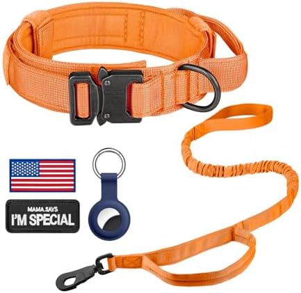 DAGANXI Tactical Dog Collar, Adjustable Military Training Nylon Dog Collar with Control Handle and Heavy Metal Buckle for Medium and Large Dogs, with Patches and Airtags Case (Orange-Set, XL) by DAGANXI