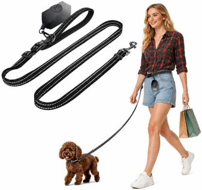 Kazazoo Hands-Free Dog Leash with Poop Bag Holder, Adjustable 4-7 Ft Puppy Leash Waist for Dog Walking, Running for Small Dogs with Reflective Strips, Nylon Waist Belt, Black by Kazazoo