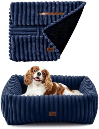 Washable Dog Bed Small Medium Size Dog, Rectangle Orthopedic Pet Bed for Car and Indoor,Fluffy Memory Foam Dog Beds with Anti-Slip Bottom,25 x21 x8 Inches,Navy by WARMREST