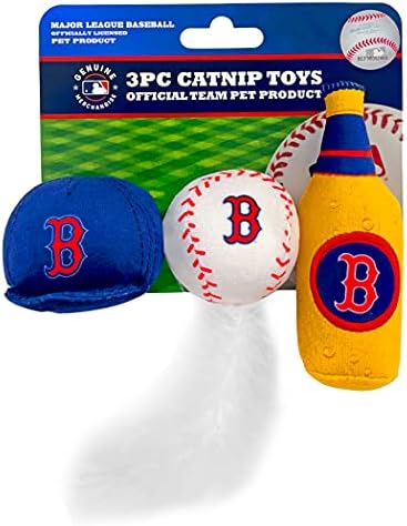 BEST PLUSH CAT TOY MLB BOSTON RED SOX Complete Set of 3 piece Cat Toys filled with Fresh Catnip. Includes: 1 Baseball Cap Cat Toy, 1 Baseball Cat Toy with Feathers & 1 Beer Bottle. Beautiful Team LOGO by PETSFIRST