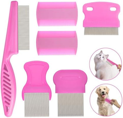 Flea Comb for Cats Dogs, 6 Pack Pet Lice Comb Set Pet Grooming Pets for Small, Medium & Large Pets（Pink） by CAPHONT