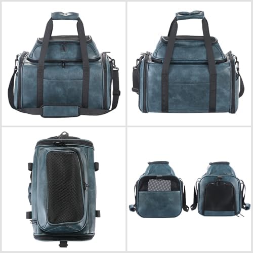 Premium Leather Top Expandable Pet Carrier for Small Dogs & Cats Under 15 lbs, Airline Approved Collapsible Soft-Sided Luxury Travel Bag Blue - Image 3