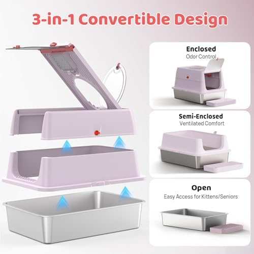 Stainless Steel Cat Litter Box with Lid, 160° Flip Top Kitty Litterbox, XL High Sided Enclosure Litter Pan for Big Cats, Front & Top Entry, Anti-Leakage, Odor-Free, Includes Scoop Mat, Purple Pink - Image 4