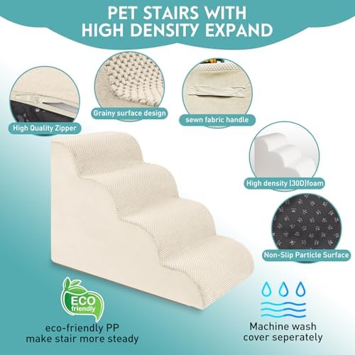 Dog Stairs for Small Dogs, Pet Stairs Steps Ramp for Puppy, Older Cat, Stairs with Whole High Density Foam, Corduroy Fabric, Non-Slip Bottom Dog Steps for Bed and Couch (Beige, 4-Step (H: 19.7IN)) - Image 5