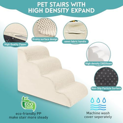 Dog Stairs for Small Dogs, Pet Stairs Steps Ramp for Puppy, Older Cat, Stairs with Whole High Density Foam, Corduroy Fabric, Non-Slip Bottom Dog Steps for Bed and Couch (Beige, 4-Step (H: 19.7IN)) - Image 5