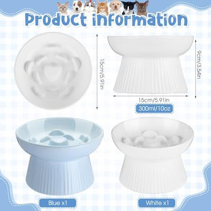 Tioncy 2 Pcs Ceramic Elevated Slow Feeder Cat Bowl, White, Blue - Image 2