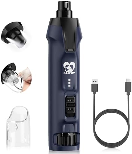 Casfuy 6-Speed Dog Nail Grinder – 50%+ Boost Power Dog Nail Trimmers Quiet with Dust Cap & 2 LED Lights & 2000mAh Battery & 4.8V Motor Electric Pet Toenail File Tool for Large Medium Small Dogs Cats by casfuy