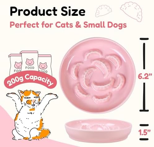 Ceramic Cat Slow Feeder Bowl Set, 2 Pcs Dumpling Shape Cat Food Plates, 6.2" W Wide Shallow Whisker Friendly Slow Feeding Cat Bowls for Dry Food, Wet Food & Treats, Dishwasher Safe (Pink + Blue) - Image 2