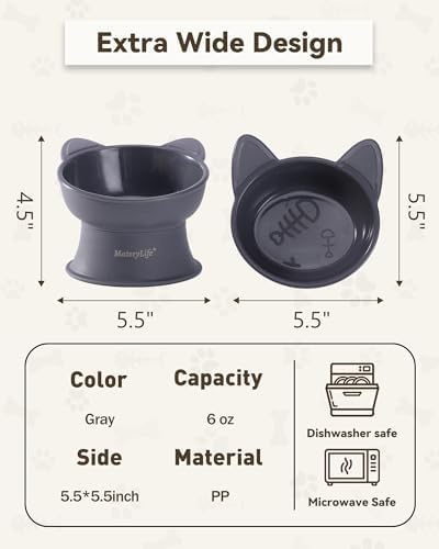 MateeyLife Raised Cat Bowls, Cat Food Bowl Elevated for Kittens & Small Dogs, 15°Tilted Protect Pets' Neck and Anti Vomiting, Whisker Friendly Food & Water Feeding Bowl, 6 oz Each - Gray - Image 4