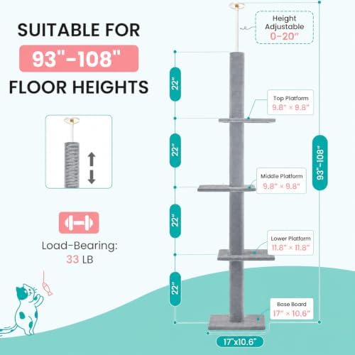 Max & Marlow 95-108" Floor to Ceiling Cat Tree for Indoor Cats, Light Grey - Image 2