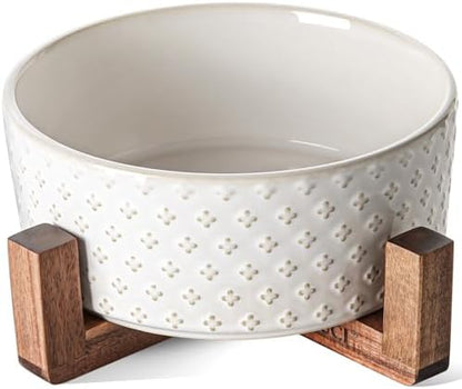 LE TAUCI Ceramic Dog Bowls for Large Dogs - 7" Elevated Water Bowl with Acacia Wood Stand, Single Pet Bowl Set for Food & Water, Clover by LETAUCI