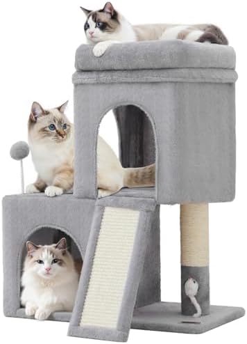 Woochpet 24inch Tall Cat Tree with 2 Cat Condo and Mouse Toy Cozy Small Cat Tower with Scratching Post and Board for Kitties and Small Cats.（Light Grey） (22 * 13 * 28) by WOOCHPET