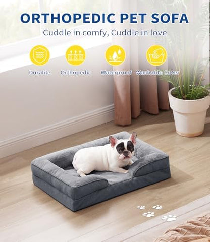 Made4pet Dog Bed Orthopedic, Dog Sofa for Small Dogs Supportive Foam Pet Cushions Bed with Washable Removable Cover, Egg-Crate Foam, Waterproof Lining Bottom, Grey, 30 * 20 * 6.5 Inch - Image 2