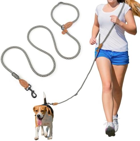 Mile High Life Hands Free Dog Leash, Crossbody Waist Leash with Genuine Leather Connection, Multifunctional Adjustable Slip Lead for Dog Walking Running (Black Khaki, 7FT) by MileHighLife