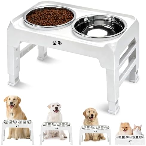 COMESOON Elevated Dog Bowls, 4 Height Adjustable Raised Bowl Stand with 2 Thick 50oz Stainless Steel Food Bowls Non-Slip Feeder Adjusts to 3.7'', 9.2'', 10.75'', 12.36'' White by COMESOON