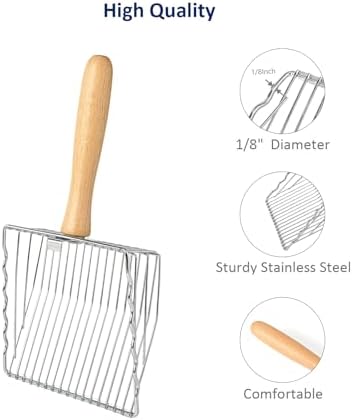 WePet Premium Metal Cat Litter Scoop, 5X Faster Speed Sifter, Heavy Duty Steel Kitty Scooper, Beech Wood Handle, for All Litter Types, Silver - Image 3