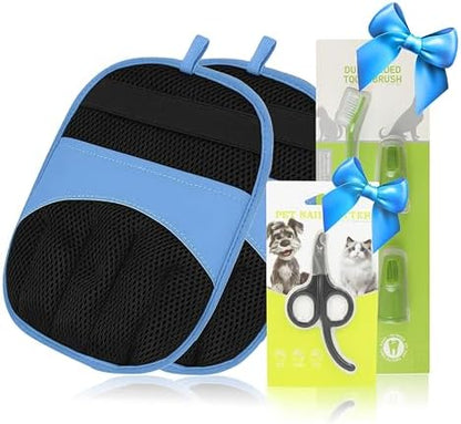 Double Pet Grooming Glove Set - 2 Pack Pet Hair Removal Glove with Free Nail Clippers & Pet Dental Kit for Dogs and Cats by AstraVena