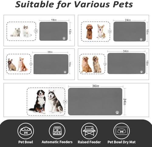 HotLive Dog Food Mat - Absorbent Cat Mat for Food and Water, No Stains Pet Feeding Bowl Mat, Easy to Clean Pet Placemats, Quick Dry Dog Water Dispenser Mat for Messy Drinkers | Paw Dark Grey 16"x 24" - Image 4
