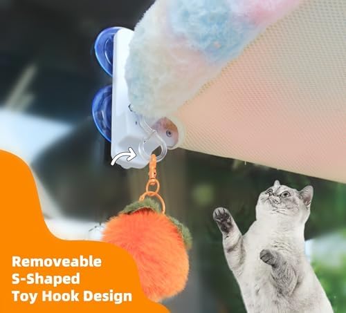 Cat Window Perch, Sturdy Cat Hammock with Strong Suction Cups for Large Heavy Cats, Gradient Color Shiny Fabic with Cushioned Border, Cute Window Bed Seat for Cats Inside with Movable Toy Hooks (XL) - Image 5