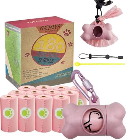Dog Poop Pickup Bags Holder Dispenser with Standard-Sized Leak-Proof Scented Doggy Waste Bags and Carabiner with Safety Lock&Fastener Never Loose on Leash Lead Again (1 Holder 195 Bags, Pink) by YUCHIYA