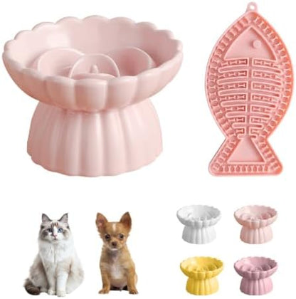 Ceramic Raised Slow Feeder Cat Bowl with Lick Mat, for Indoor Cats and Small Dogs Like Chihuahua, French Bulldog, Poodle,Anti Vomiting for Dry and Wet Food-Pink Bowl+Lick Mat by Unknown