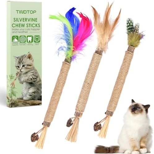TINDTOP Silvervine Sticks for Cats with Natural Feather, Catnip Chew Toys by TINDTOP