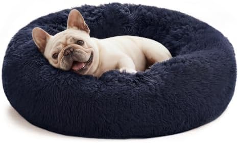 Love's cabin Calming Cat Bed for Indoor Cats, Anti-Anxiety Donut Round Dog Bed, Fluffy Faux Fur Washable Pet Bed for Small Medium Dogs and Cats, Navy, 20in by Lovescabin