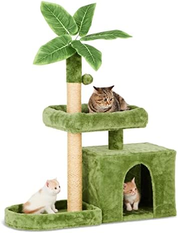31.5inch Small Cat Tree Tower Condo for Indoor Cats, Soft Plush Multi-Level Climbing Tree Cat House with Cat Cave, Scratching Post, Sisal Rope, Green by TSCOMON